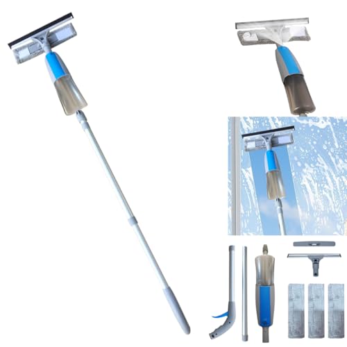 Spray Window Squeegee Cleaning Tool Set 3 in 1 Glass Washer 410ml Large Water Capacity & 3 Microfiber Scrubbers Shower Squeegee with Extension Pole for Indoor Outdoor High Window Car Glass Mirror