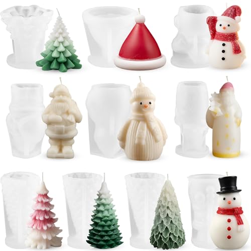 LemonRoad 10 Pcs Christmas Candle Mold Set Candle Silicone Molds Christmas Trees Santa Claus Xmas Hat Snowman Pine Shaped for Resin Soap Craft Cake Chocolate Making Kit Holiday Gift Decoration