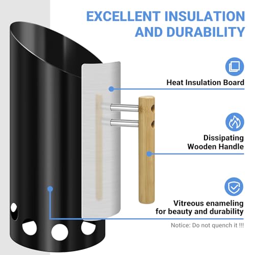 Joyagrill Charcoal Chimney Starter with 11\" Briquet Shovel Set, Double Enameled Large Capacity Chimney Starter for Charcoal Grill with Heat Shield & Wood Handle Great Heat Insulation and Easy Grip