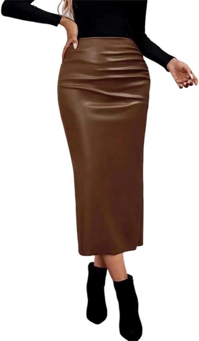Women's Faux Leather Pencil Skirt High Waist High Slit Vintage Slim Fit Office Lady Party Skirt