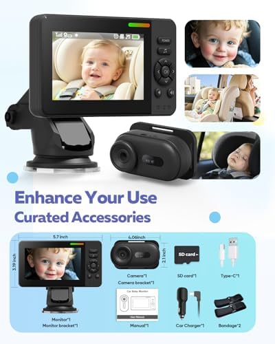 Elzeeo Wireless Baby Car Camera with 1080P Advanced Night Vision and 32H Battery, No Wi-Fi Needed Easy Setup Car Baby Monitor with Video Recording Adjustable Angle, Newborns Travel Essentials Gifts — view 6