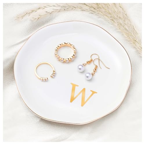 ProCase Ceramic Jewelry Tray, Initial Ring Dish Trinket Plate Engagement Gift, Small Personalized Monogram Ring Bowl for Wedding, White Decorative Jewelry Holder for Women Vanity -Letter W