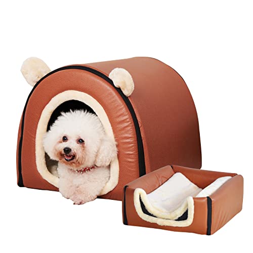 Image of Dog Bed or Cat Bed,2 Ways to Use,Indoor Pet House with Fluffy Mat,Removable and Washable Cover,Splash-Proof House and Non-Slip Bottom,for Medium Dogs and Cats(L Brown Faux Leather)