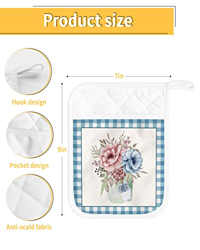 3 Pack Pocket Pot Holders, Spring Floral Hot Pads For Kitchen Heat Insulation Potholders, Summer Colorful Flowers Blue Plaid Pot Holder Oven Mitts Hot Pad Trivet For Baking Cooking 9"X7" #TOP2