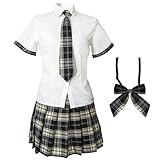 Rolemix Women's School Girl Outfit Lingerie Set Sexy Student Costumes With Plaid Mini Skirt (Black, L)
