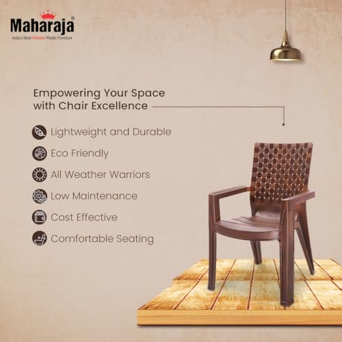 Image of MAHARAJA Heavy Duty Plastic Chairs for Home & Office | Comfortable | Arm Rest | 200Kg Capacity (Teakwood, Pack of 4)