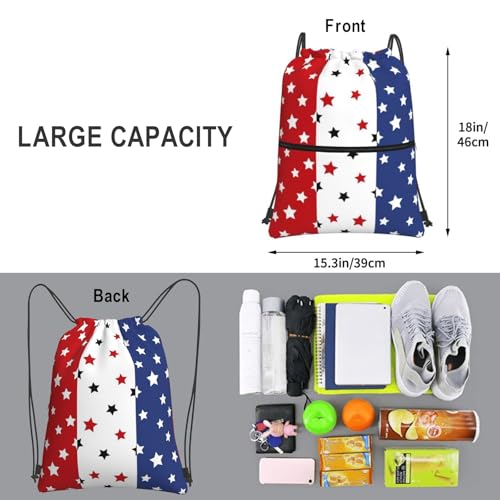 Image of July 4th Red Blue Stars Drawstring Bag, Independence Day Memorial Day Waterproof Drawstring Bckpack for Gym Sports, Red Blue Women Men Sackpack Bag with Front Zipper Pocket and Inside Zipper Pocket