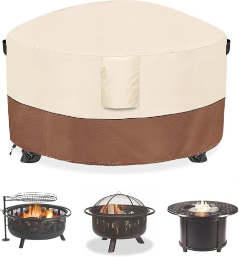 Dalema Fire Pit Cover,Outdoor Heavy Duty 600D 100% Waterproof Fire Pit Cover Round,Weatherproof Firepit Covers Round 54" Dia x 24" H,Beige & Brown