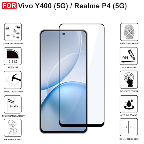 Image of CEDO Tempered Glass for Vivo Y400 (5G) / Realme P4 (5G) | Screen Protector Full HD Quality Tempered Glass Anti-Scratch Edge to Edge Coverage with Easy Installation Kit (Black)