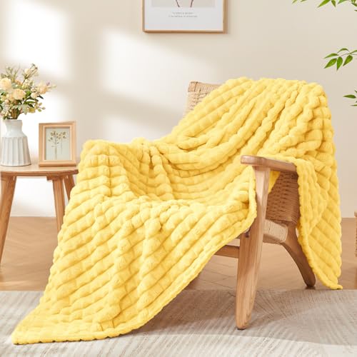 Image of BEDELITE 3D Checked Light Yellow Fleece Throw Blanket for Couch, 50x70 Inch