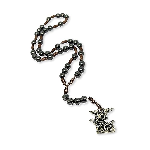 Kit Terço De São Miguel Arcanjo Pedra Hematita + Crucifixo São Bento Com Guia Da Novena Exército Do