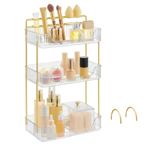 SONGMICS Organiseur Maquillage, Rangement Maquillage, 2 Accessoires Optionnels, 3 Niveaux, Rectangulaire, Séparable, Porte-bijoux, pour Coiffeuse, Transparent JKA013W01
