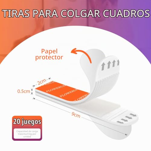 Miniatura 2 de Flowerun 20 Pares Tiras Adhesivas Para Colgar Cuadros, Cuelga Cuadros Sin Clavos, Cuelga Facil Para Marcos, Decoraciones De Pared, Máximo 8 Kg 20 Pares
