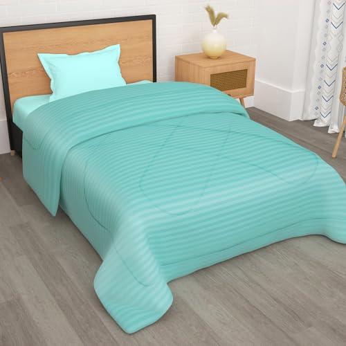Image of Single Bed Comforter 180 GSM Reversible Microfiber | Comforter Single | AC Comforter Single Bed | Lightweight All Season Comforter | Blanket Single Size - Cyan Blue & Stripes