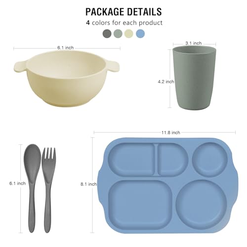 shopwithgreen Wheat Straw Dinnerware Cutlery Set, 20 PCS Kids Toddlers Divided Plates and Bowls Sets, Microwave Unbreakable Tableware Spoon Knife Cup, Dishwasher Safe for Kitchen Picnic School - image 2