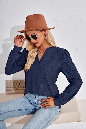 Women Tops Blouse Causal Shirts Puff Long Sleeve Tunic V Neck4