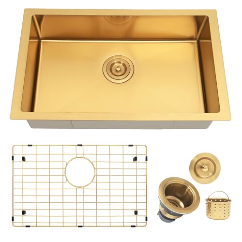25 Inch Undermount Kitchen Sink, Gold Undermount Sink Stainless Steel 18 Gauge Single Bowl Sink, 7 Inches Deep Outdoor Sinks