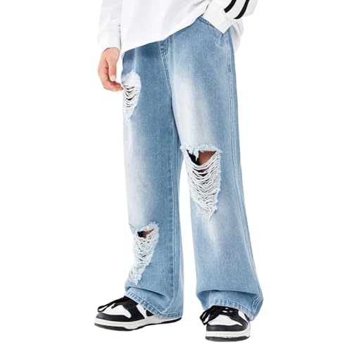 LittleSpring Unisex Boys Girls Ripped Jeans Wide Leg Denim Pants Loose Fit 6-18 Years