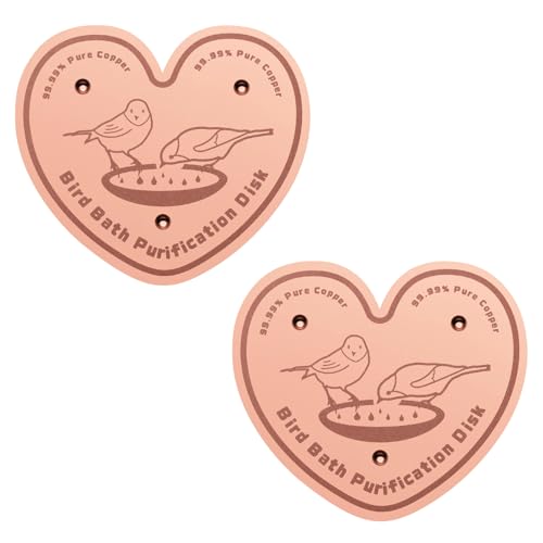 BKMAMLAB 2-Pack 99.99% Pure Copper Bird Bath Purification Disk,Copper Disc with Stable Triple-Point Support,Fits All Outdoor Bird Baths(Heart-Shaped)