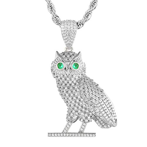 PY Bling Full Iced Out Owl Pendant White Golden Plated Hip Hop Fashion Simulated Diamond CZ Pendant with Stainless Steel Rope Chain Necklace for Men Women