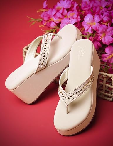 Image of JM LOOKS Elegant Mid-Wedge Sandal for Women Comfortable Slip-On Cross-Strap Design with Decorative Front Detail and Flexible Sole