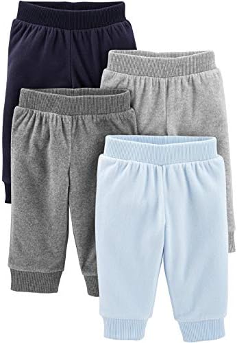 Simple Joys by Carter's Unisex Babies' Fleece Pants, Pack of 4, Dark Grey/Grey Heather/Light Blue/Navy, Preemie