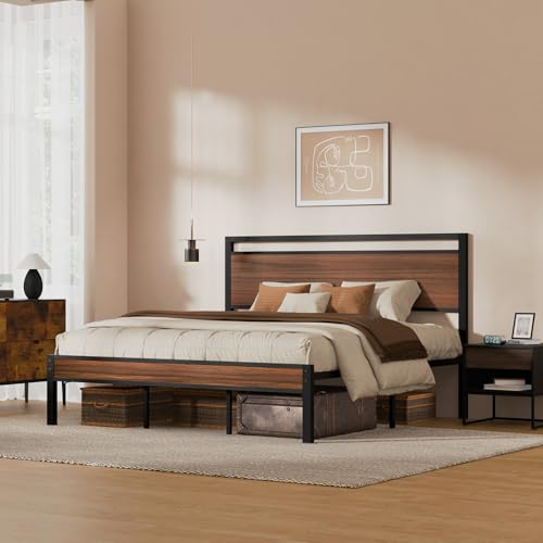 Image of Z-hom King Metal Bed Frame with Wooden Headboard and Footboard, Heavy Duty Platform Frame with Metal Slats, No Box Spring Needed, Quiet and Non-Slip Design, Space Saving Bed Frame for Bedroom,Walnut