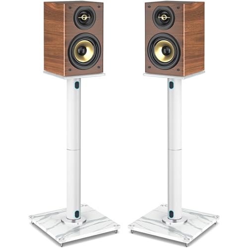 Rfiver Universal Speaker Stands Pair for Surround Sound, Heavy Duty 28 Inch Bookshelf Speaker Stands Each Holds 22lbs Large Speakers, Floor Speaker Stand Built-in Cable Management, White, 1 Pair