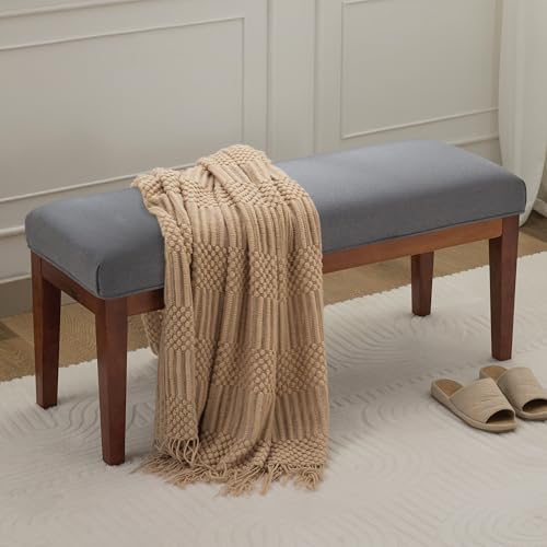 Image of WUTUTUEE 43.5'' Linen Bedroom Bench, Upholstered End of Bed Bench, Padded Vintage Dining Bench, Entryway Bench with Solid Wood Legs, Kitchen, Living Room, Hallway, Dark Grey