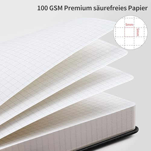 RETTACY Notizbuch A5 kariert, Bullet Journal mit 100 g/m² Dickem Papier, 150 Blatt, Collegeblock für Büro und Schule, Lederhülle, Schwarz, 14.8 cm x 21 cm