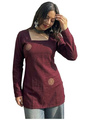 Image of ANNI Designer Women's Viscose Blend Printed Short Kurti | Straight Fit Casual Ethnic Top | Square Neck 3 /4 Sleeve Kurta Office College