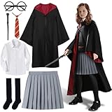 HOVCEH Wizard Cloak Magic Robe Costume Girls, 7Pcs Wizard Costume Magic School Uniform for Child And Adult, Wizard Robe Magician Costume Cosplay with Wizard Cape Socks Wand Tie Glasses Frame