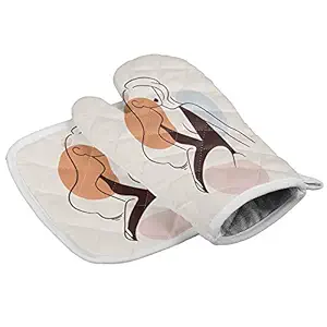 Women Art Painting Insulation Gloves and Pot Holders Polyester Heavy Duty Cooking Gloves for Cooking Baking Grilling Pot Holders Sets 2 PCS Female Line Illustration Brown