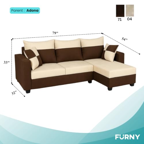 Image of Furny Arevva 4 Seater Fabric RHS L Shape Sofa Set (Cream-Dark Brown)