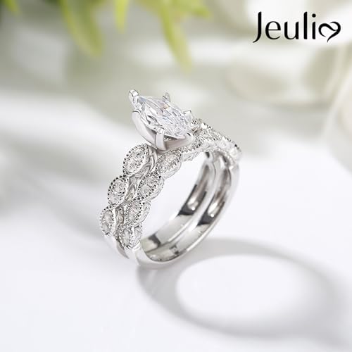 Jeulia 1.6 ct 925 Sterling Silver Bridal Ring Sets Teardrop Marquise Cut Engagement Rings Vintage Pear Promise Ring Wedding Bands for Women with Jewelry Gift Box3