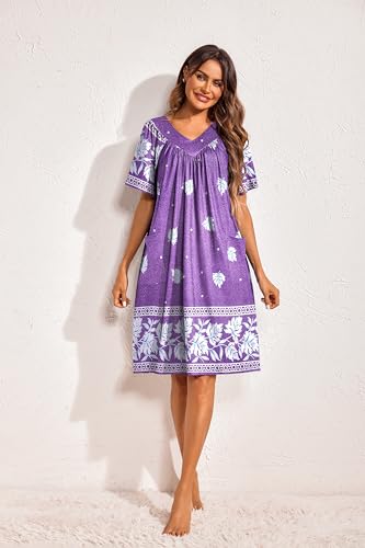 Image of Ekouaer Womens House Dress Floral Print Nightgown with Pockets Mumu Dress | V Neck Nightgowns for Women Pleated Short Sleeves Mumu Dresses Knee Length Moo Moo for Sleep, Daily Wear, Vacation, Party