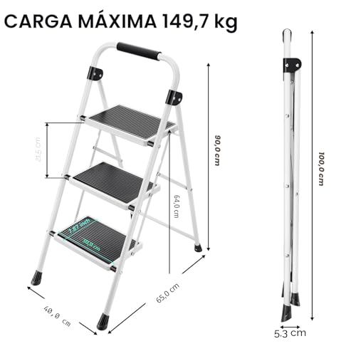 Miniatura 6 de Kingrack Escalera De 3 Escalones Plegable Pequeña Con Pedal Antideslizante Y Ancho, Asa, Acero Resistente, Ligera Y Portátil, Color Blanco
