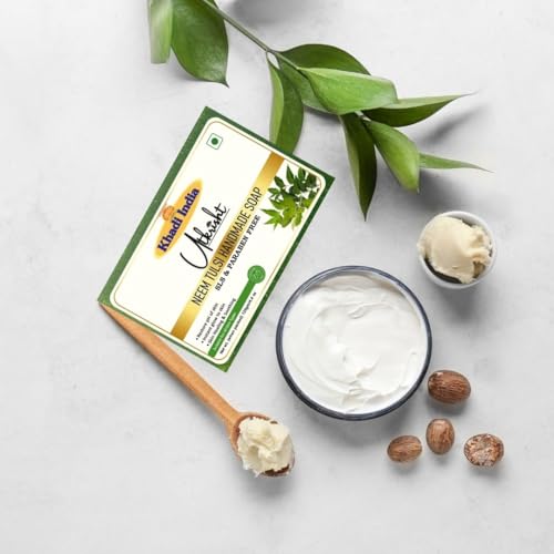 Image of Khadi Neem Tulsi Handmade Bathing Soap Bar 125g (Pack of 4) | Natural Deodorizer & Herbal Soap | Removing Dirt & Impurities | Deep Cleansing for Glowing & Brightening Skin | All Skin Types