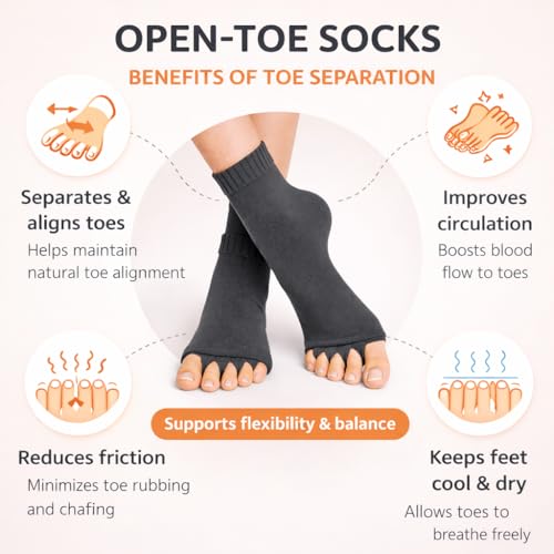 Image of Foot Alignment Orthopedic Cotton Socks for Men & Women | Five Toe Separator | Foot Pain Relief | Bunion Corrector | Plantar Fasciitis Support |Free Size | DarkGray-Beige | 2 Pair | UK8-11