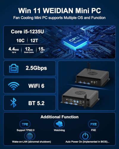 Image of WEIDIAN Industrial Mini PC DC 9~36V, i5 1235U 64GB DDR5 1TB NVME SSD, (Fan Cooling) Win 11 Mini Desktop Computer 6xCOM(RS232 /422 /485) 4K 3xDisplays(2HD+DP) 8xUSB 2x2.5G LAN WiFi6&BT5.2 Auto Power On