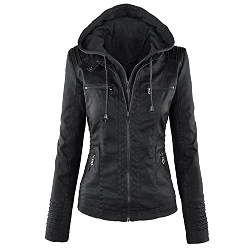 Oyrcvweuy Veste courte en similicuir avec capuche amovible pour femme - Blouson de moto zippé avec capuche amovible, Noir , M