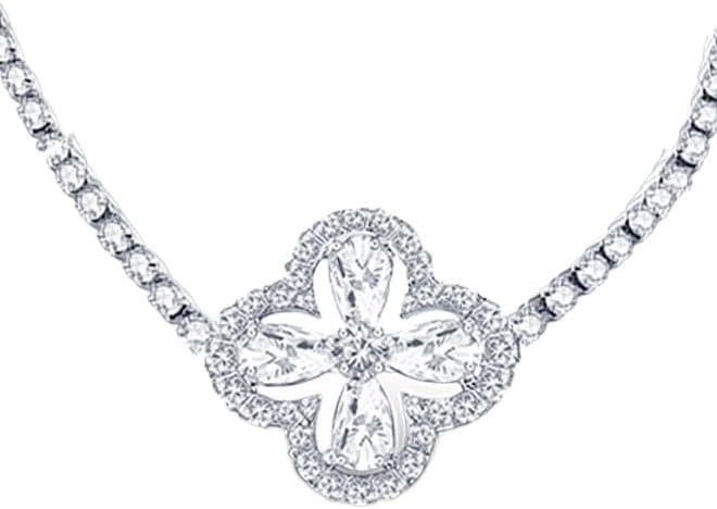 White Crystal Four Leaf Clover Necklace, 18K Gold Plated, Manifestation Necklace for Good Luck, Crystal Necklace for Women