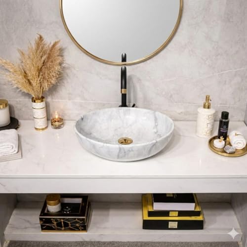 Image of Ceramic Tabletop Wash Basin - Glossy Bowl Shape Countertop Vessel Sink with Marble Finish for Bathroom & Vanity | Compact 16 x 13 x 5 Inch | Elegant Washbasin