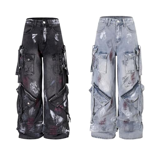 XYXIONGMAO Men's Black Denim Cargo Pants Baggy Wide Leg Grunge Streetwear Multi-Pocket Strap Detail Paint Splatter for Men 5