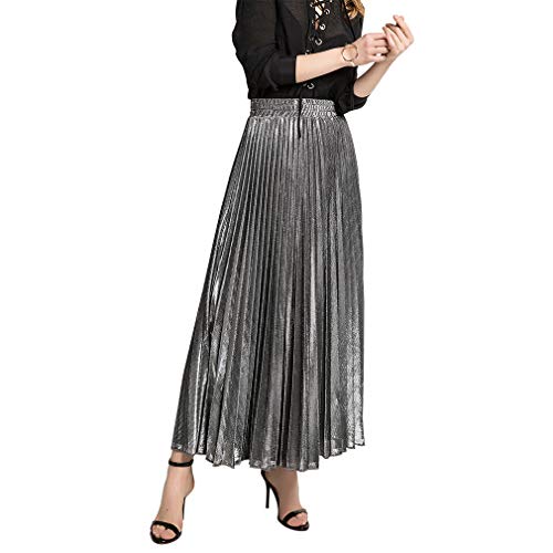 Chowsir Women Retro Shiny Shimmer Metallic A-Line Long Accordion Pleated Swing Skirt