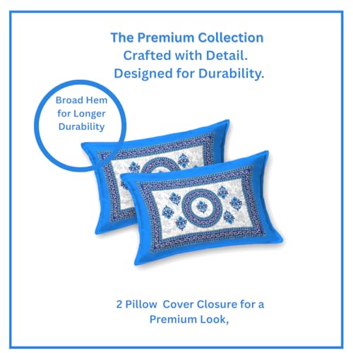Image of JAIPUR PRINTS 100% Cotton Bedsheet for Double Size Bed bedsheets Rajasthani Jaipuri Printed Double Size Bedsheet with 2 Pillow Cover / 90x100 inch / 235x215 cm / (Blue & White)
