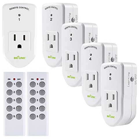 BN-LINK Wireless Remote Control Electrical Outlet Switch for Lights, Fans, Christmas Lights, Small Appliance, Long Range White (Learning Code, 5Rx-2Tx) 1200W/10A Cover