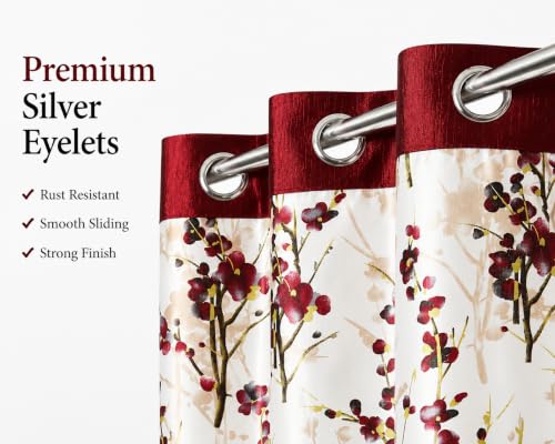 Image of 5 Feet Polyester Floral Light Filtering Window Curtains for Bedroom, Living Room & Hall, Eyelet Top, Maroon Print Curtain Set of 2