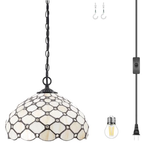 Image of WERFACTORY Tiffany Pendant Light Plug in Stained Glass 12 Inch Hanging Lamp