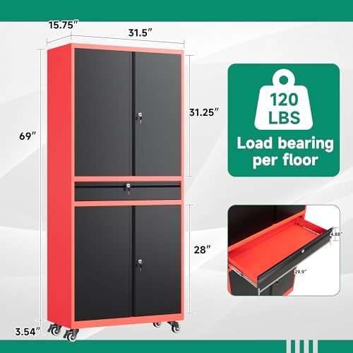 Image of Letaya Metal Garage Storage Cabinet with Wheels,Rolling Tool Cabinet with Adjustable Shelves and Drawer for Garage Home Utility Room (Red)